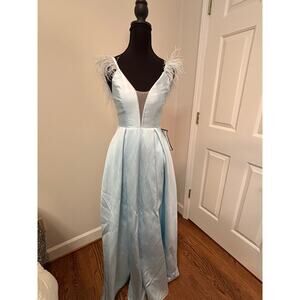 Speechless Ice Blue Formal Sleeveless Gown with Feather Trimmed Straps